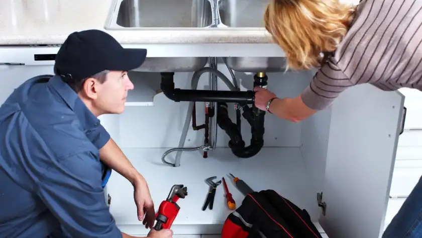 A plumber in a blue uniform and black cap kneels under a double kitchen sink, holding a pipe wrench while a woman points to the black PVC drainage pipes. A tool bag and various wrenches are laid out on the floor of the cabinet.