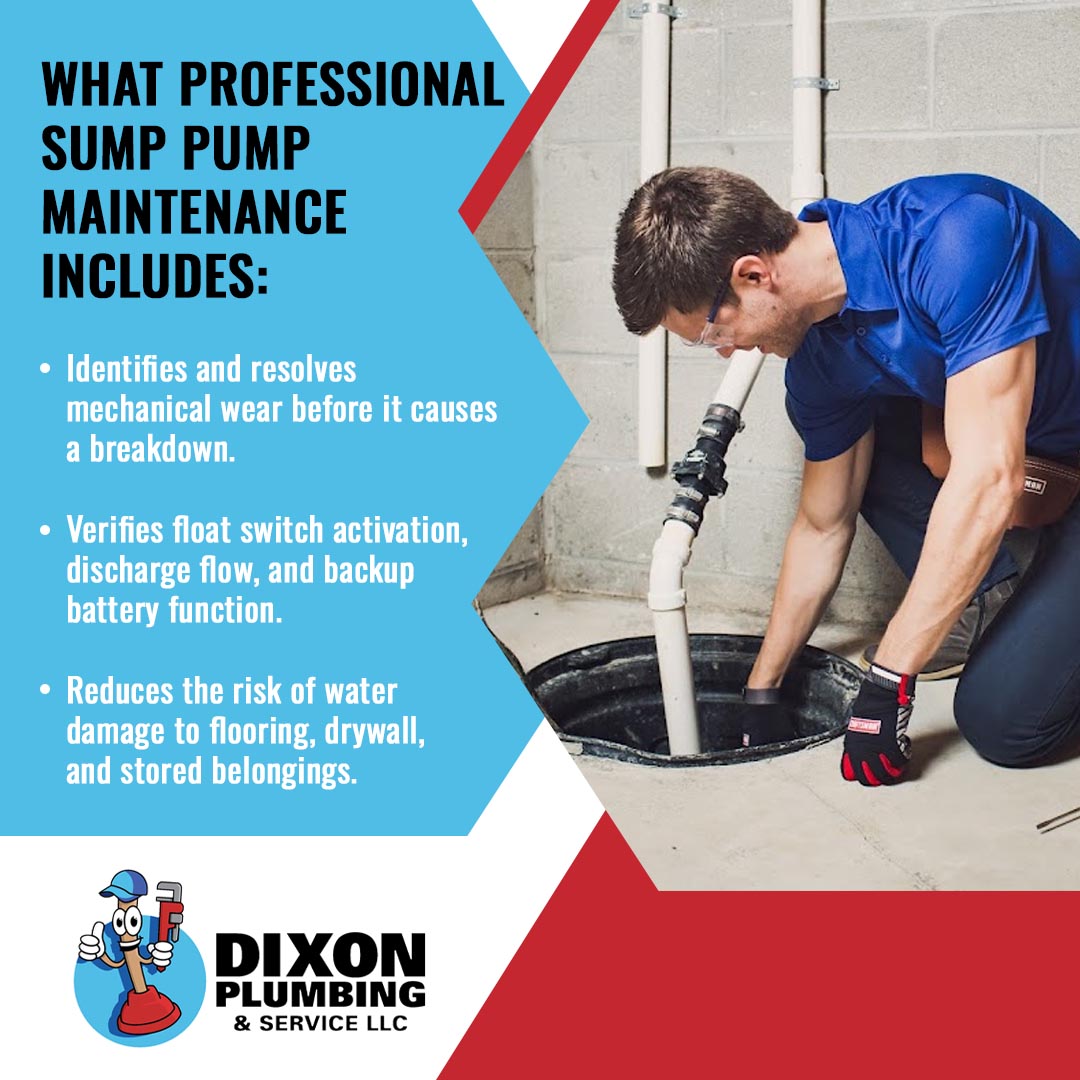Technician performing sump pump maintenance in a basement to reduce flooding risk