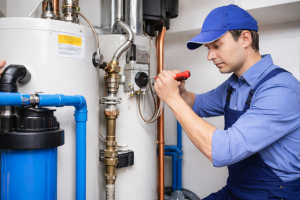 Professional plumber performing emergency water heater repair and diagnostics in a residential home to restore hot water quickly