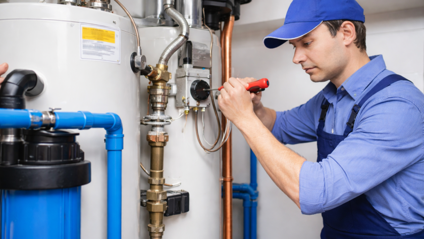 Professional plumber performing emergency water heater repair and diagnostics in a residential home to restore hot water quickly