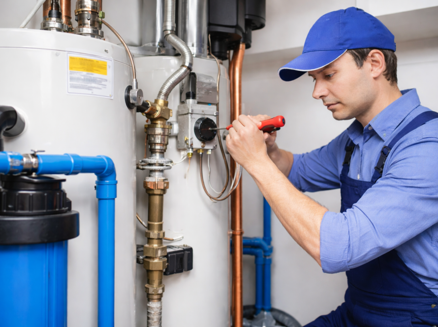 Professional plumber performing emergency water heater repair and diagnostics in a residential home to restore hot water quickly