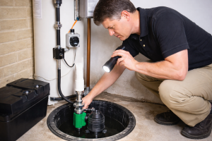 Professional plumber inspecting and maintaining sump pump system in basement to prevent flooding and water damage