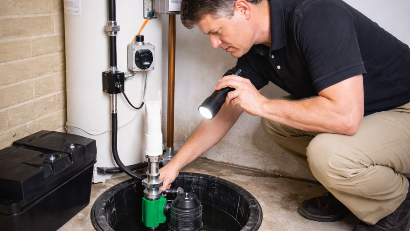 Professional plumber inspecting and maintaining sump pump system in basement to prevent flooding and water damage