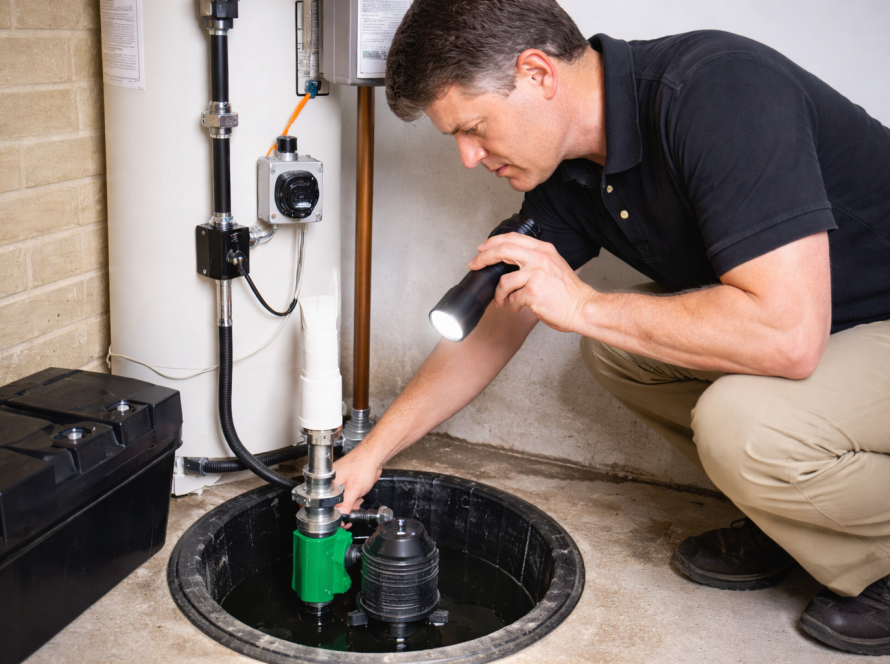 Professional plumber inspecting and maintaining sump pump system in basement to prevent flooding and water damage