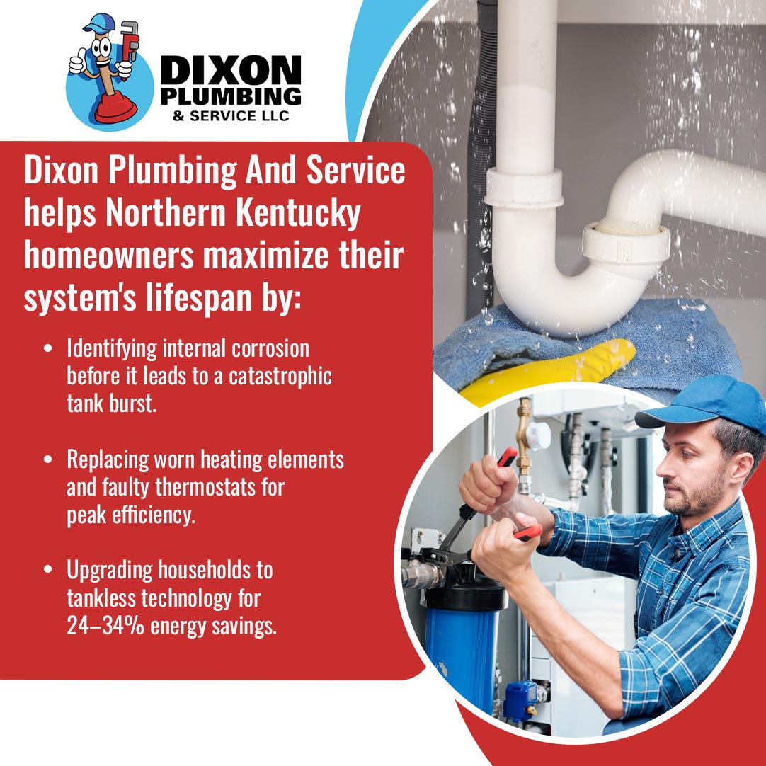 Plumber servicing water heater and filtration system to improve efficiency and extend plumbing system lifespan