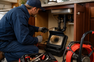 Professional plumber using a drain inspection camera to diagnose a clogged kitchen drain beneath a residential sink.