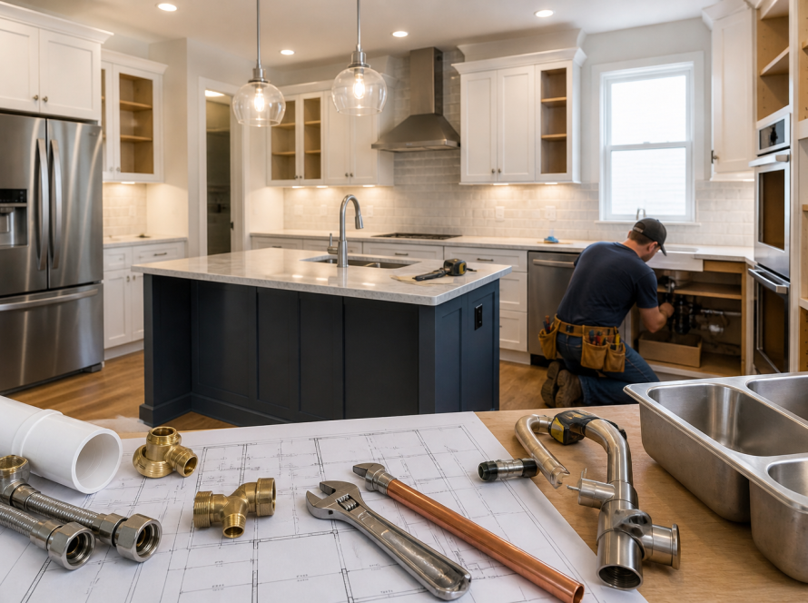 Kitchen remodel in progress with plumber installing under-sink piping, modern cabinets, island, and plumbing tools on blueprint plans