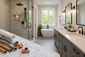 Modern bathroom remodel with walk-in glass shower, freestanding tub, double vanity, and visible plumbing components on blueprint plans