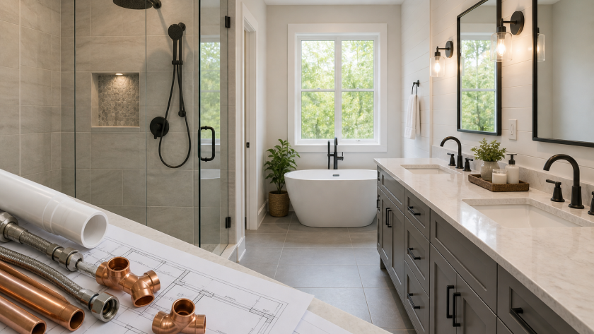 Modern bathroom remodel with walk-in glass shower, freestanding tub, double vanity, and visible plumbing components on blueprint plans