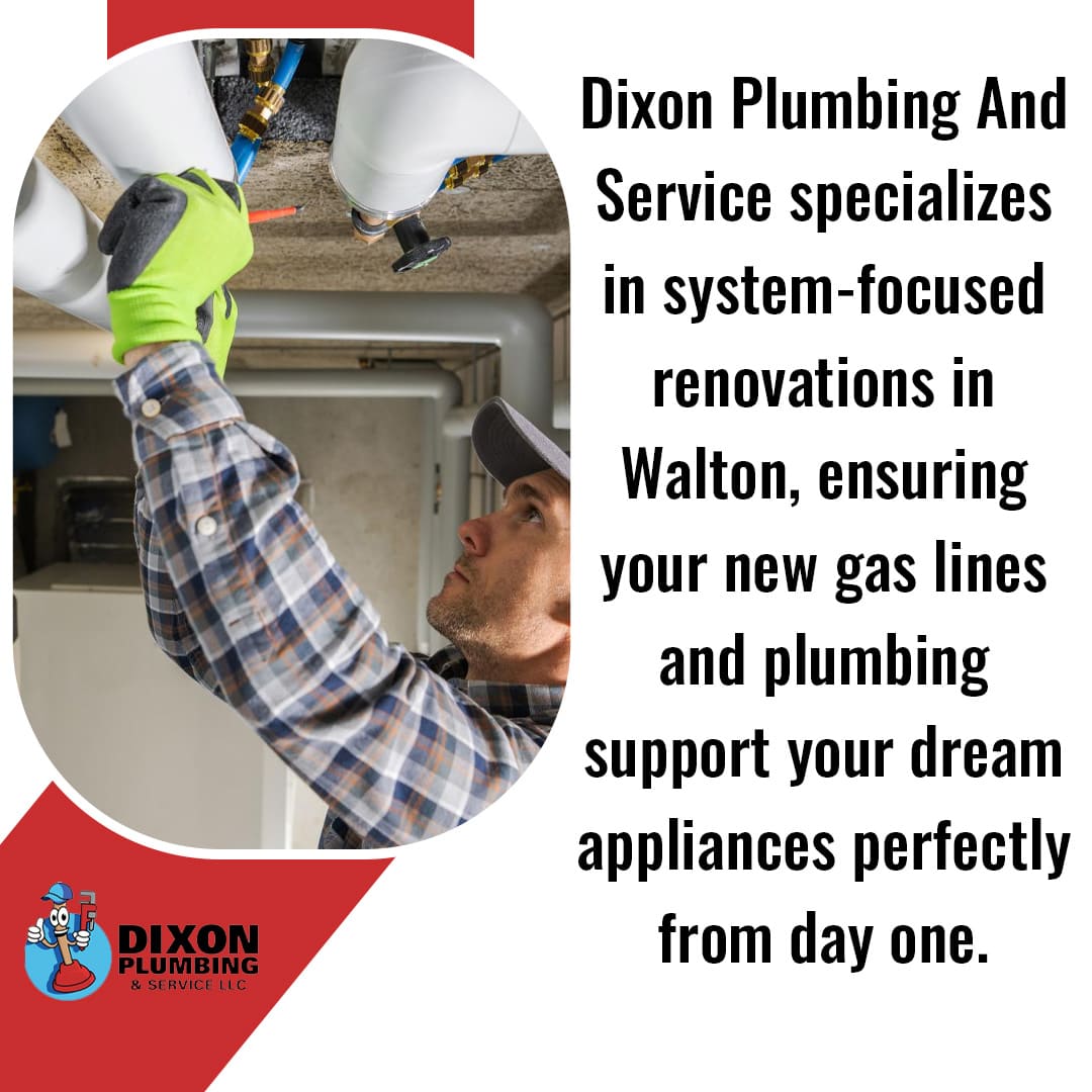 Technician installing gas and water lines for residential plumbing system upgrade in Walton
