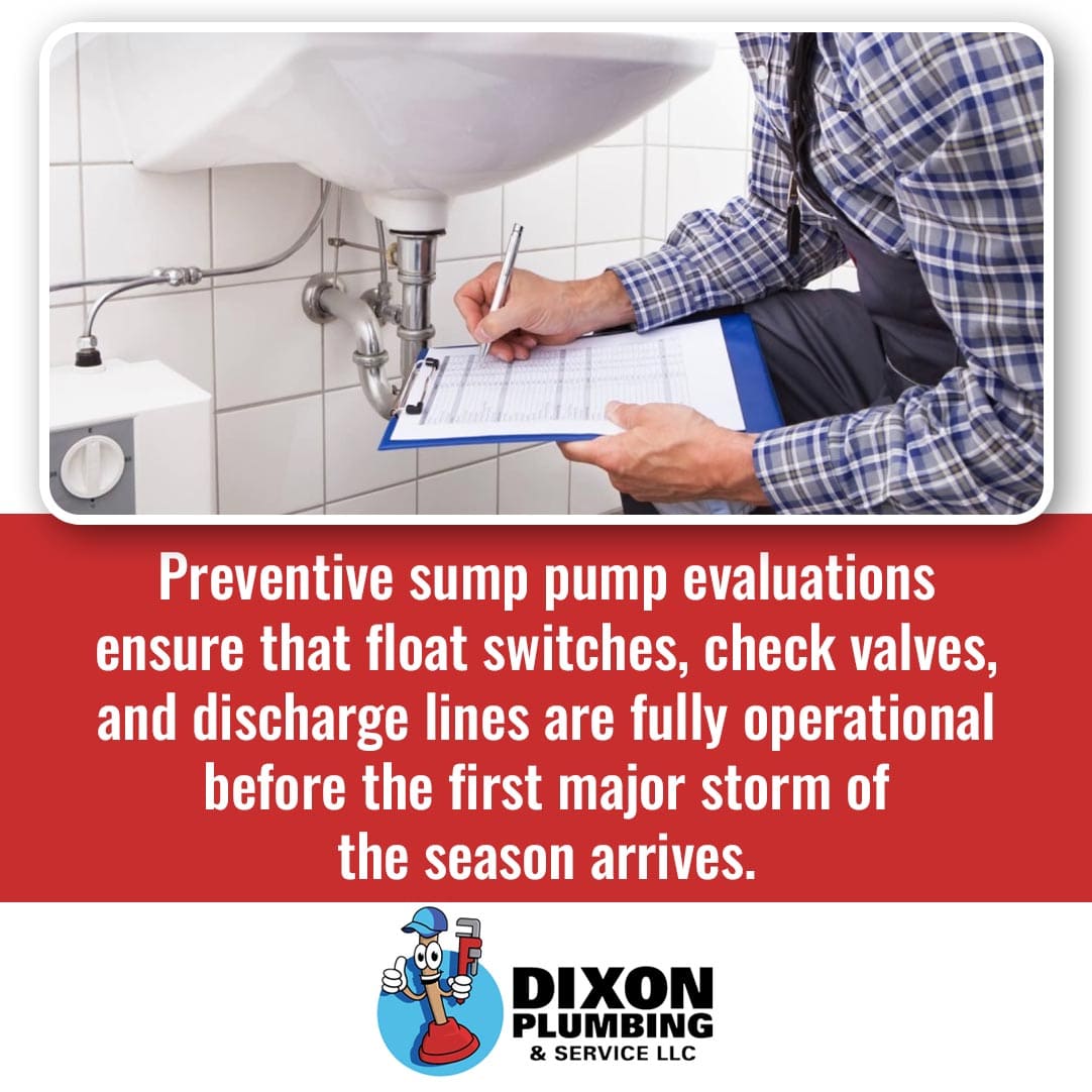 A plumbing expert completing a preventive sump pump evaluation checklist under a sink to ensure float switches and check valves are operational before storm season.