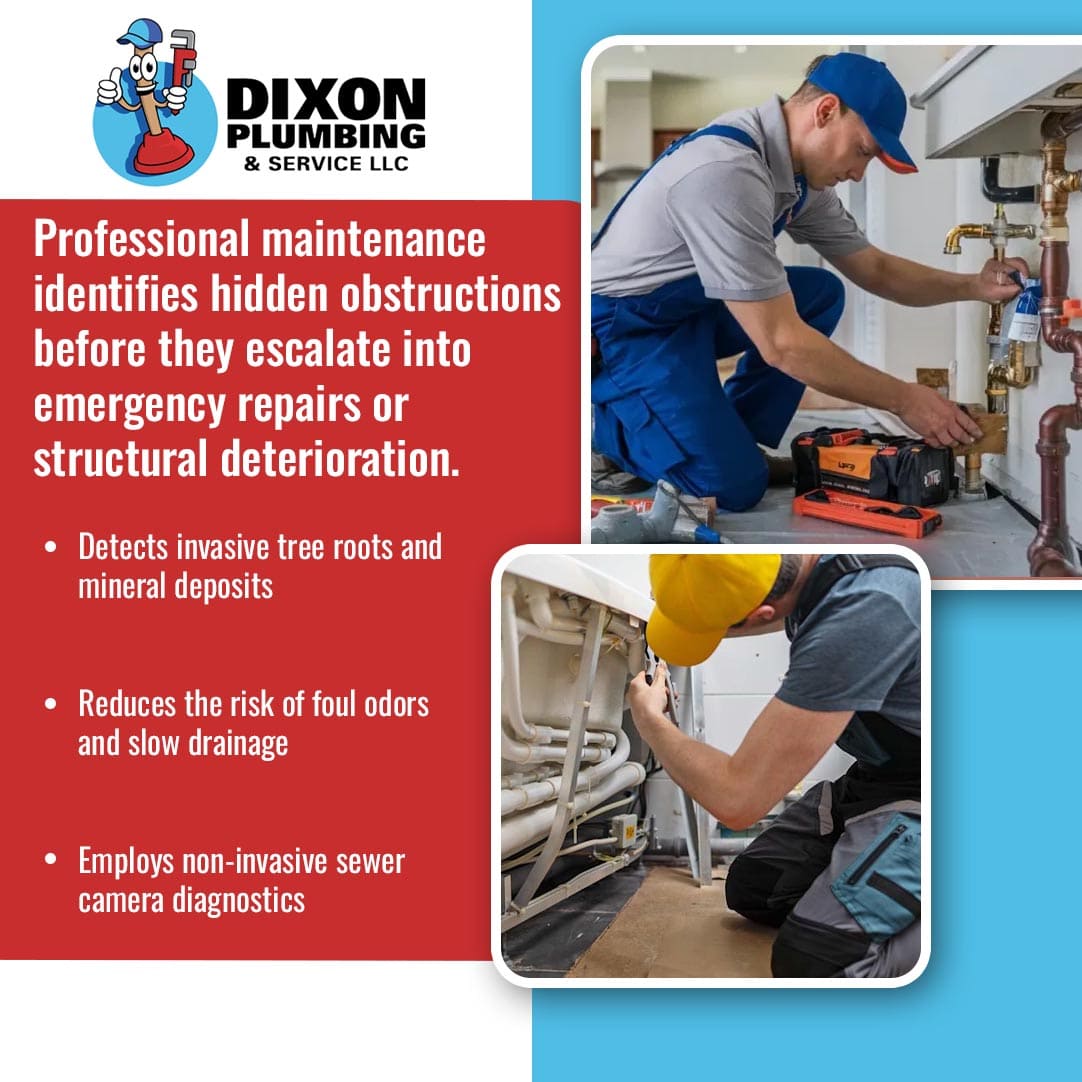 Professional plumbing maintenance by Dixon Plumbing and Service LLC showing a plumber inspecting under-sink pipes and utilizing non-invasive sewer camera diagnostics.