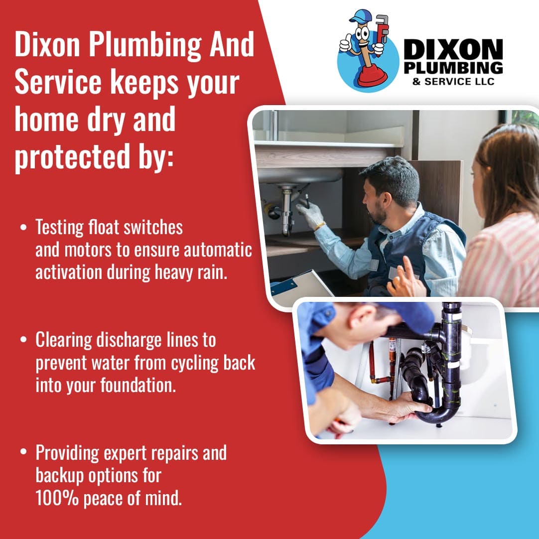 Dixon Plumbing and Service technician explaining sump pump maintenance and testing float switches to prevent home water damage during heavy rain.